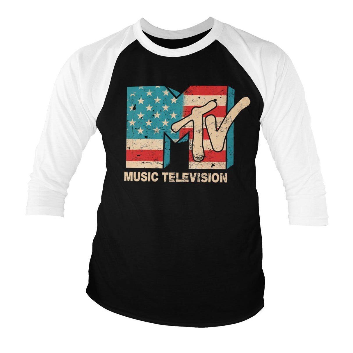 MTV Distressed USA-Flag Baseball 3/4 Sleeve Tee